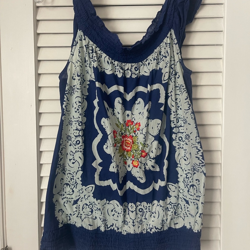 Lucky Brand Blue and White Graphic Tank Top Relaxed Fit